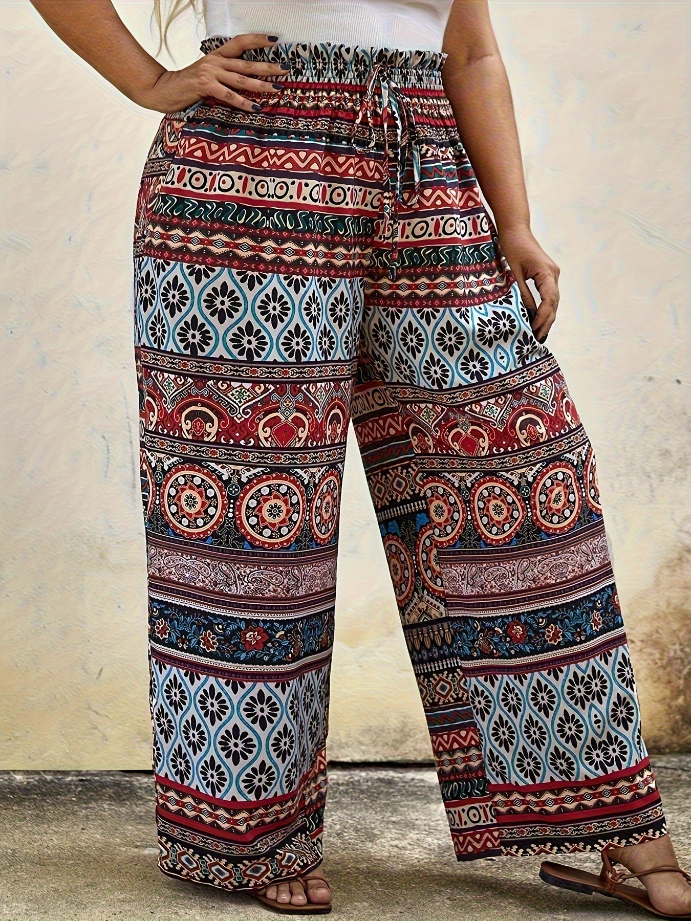 Boho Patchwork Print Wide Leg Pants - Plus Size