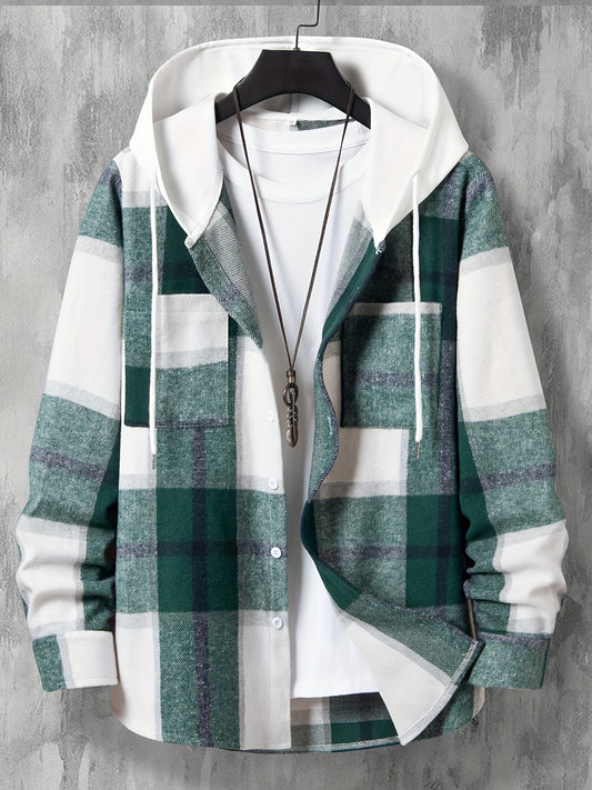 Men's Hooded Plaid Long Shirt for Autumn