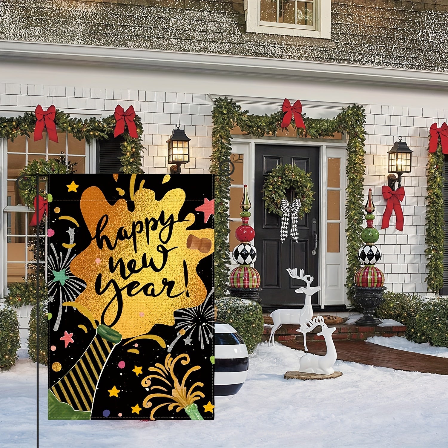 Happy Year Garden Flag Double-Sided Winter Yard Outdoor Decor Flag