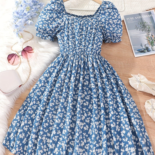 Girls Floral Print Square Neck Casual Dress for Summer