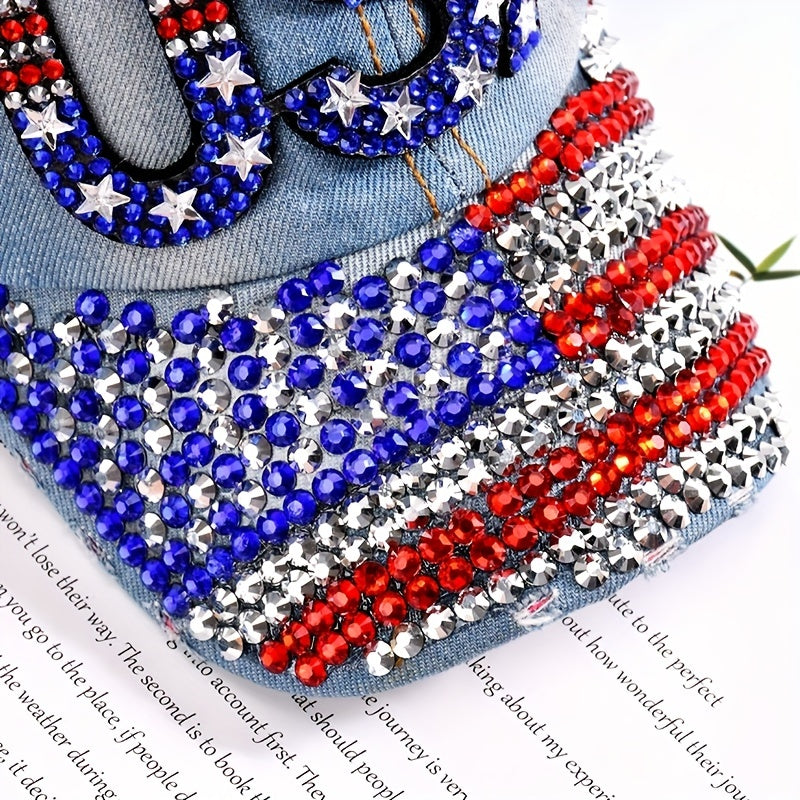 Rhinestone Flag Baseball Cap Denim Washed Distressed Unisex Sun Hat