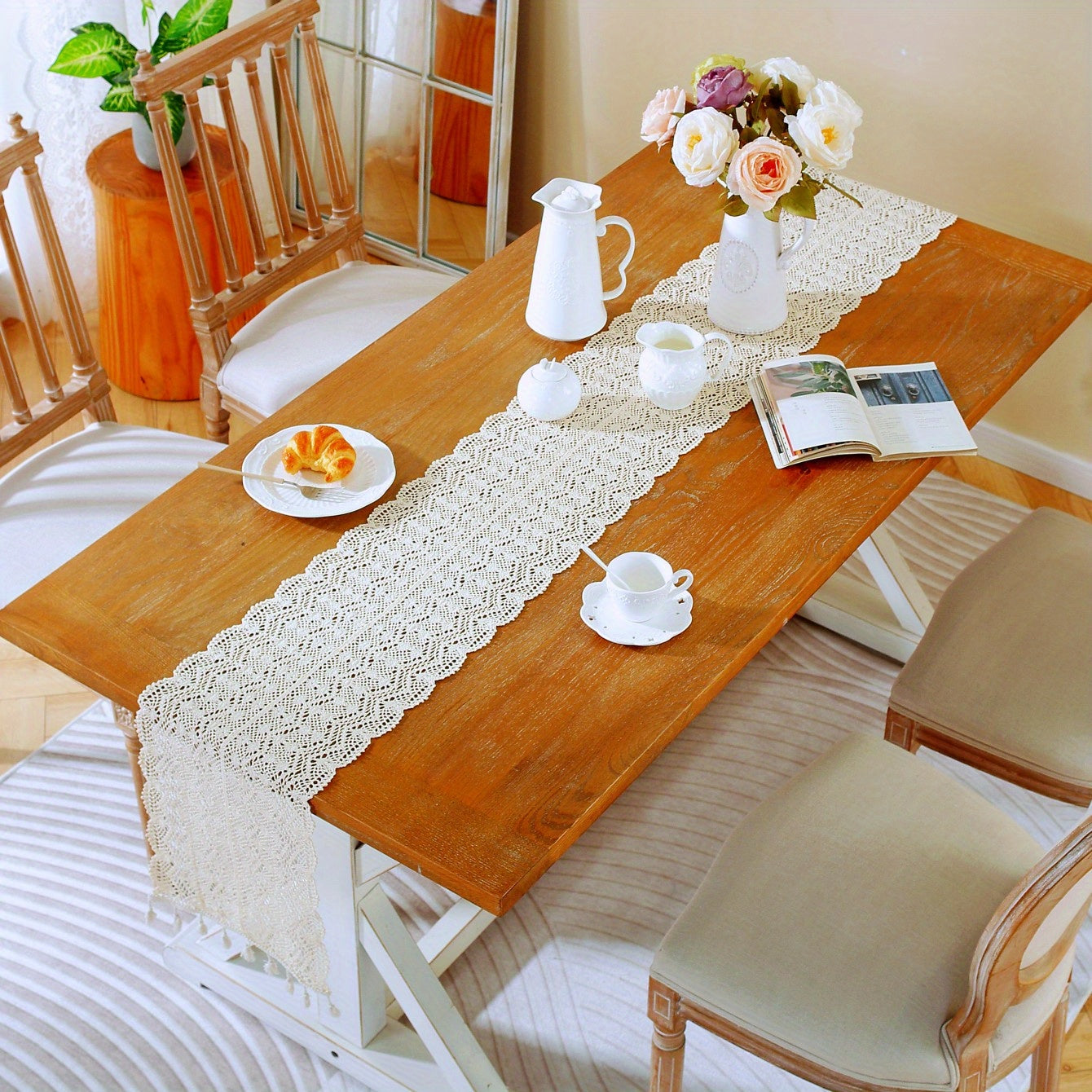 American Crochet Lace Table Runner Beige Cover