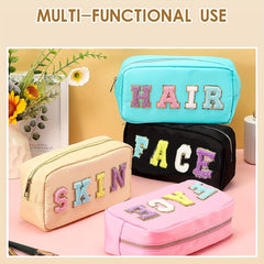 Preppy Patch Makeup Bag with Embroidered Letter