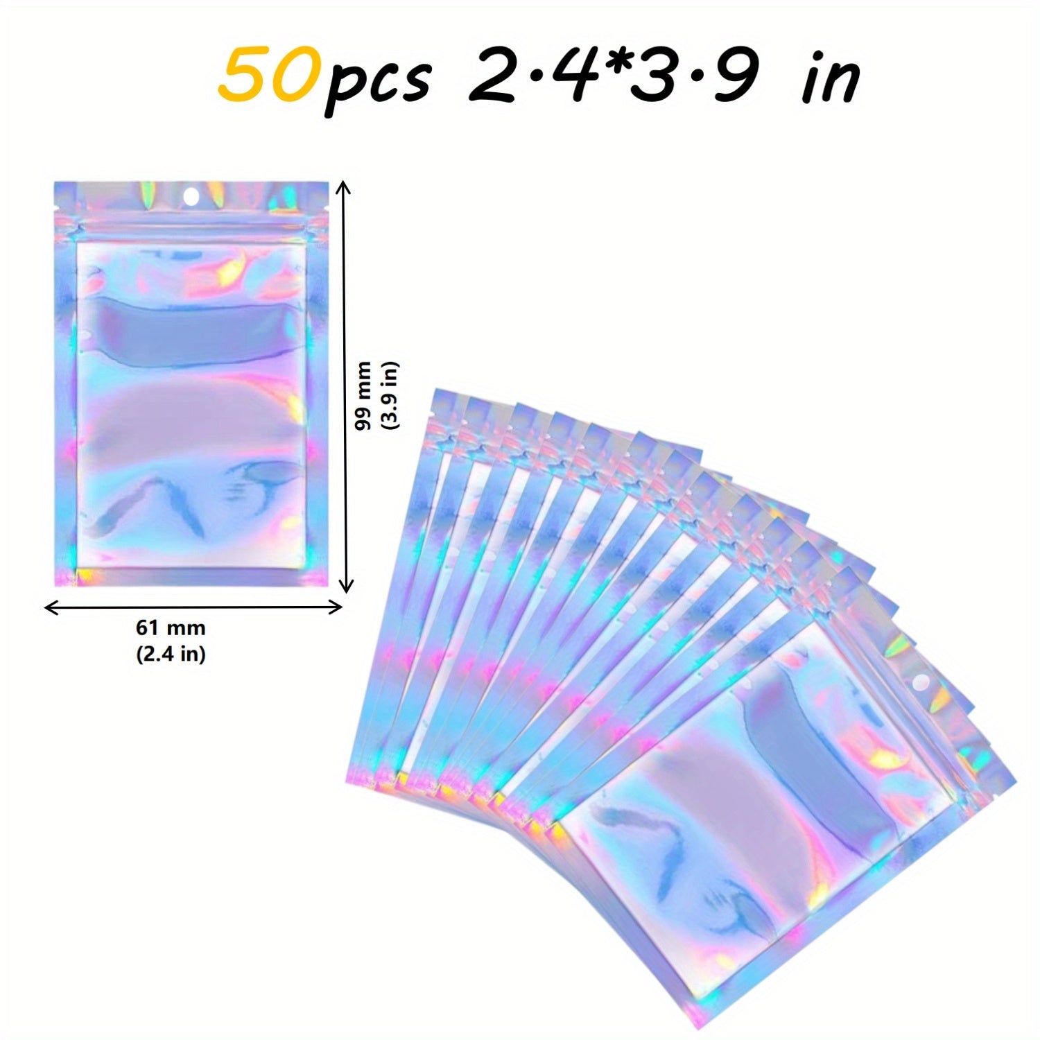 50/100pcs Holographic Storage Bags 2-4-3-9 in 3-4-7 in 4-1-5-9in