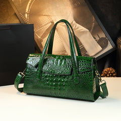 Vintage Crocodile Pattern Leather Handbag with Shoulder Strap & Wristlet