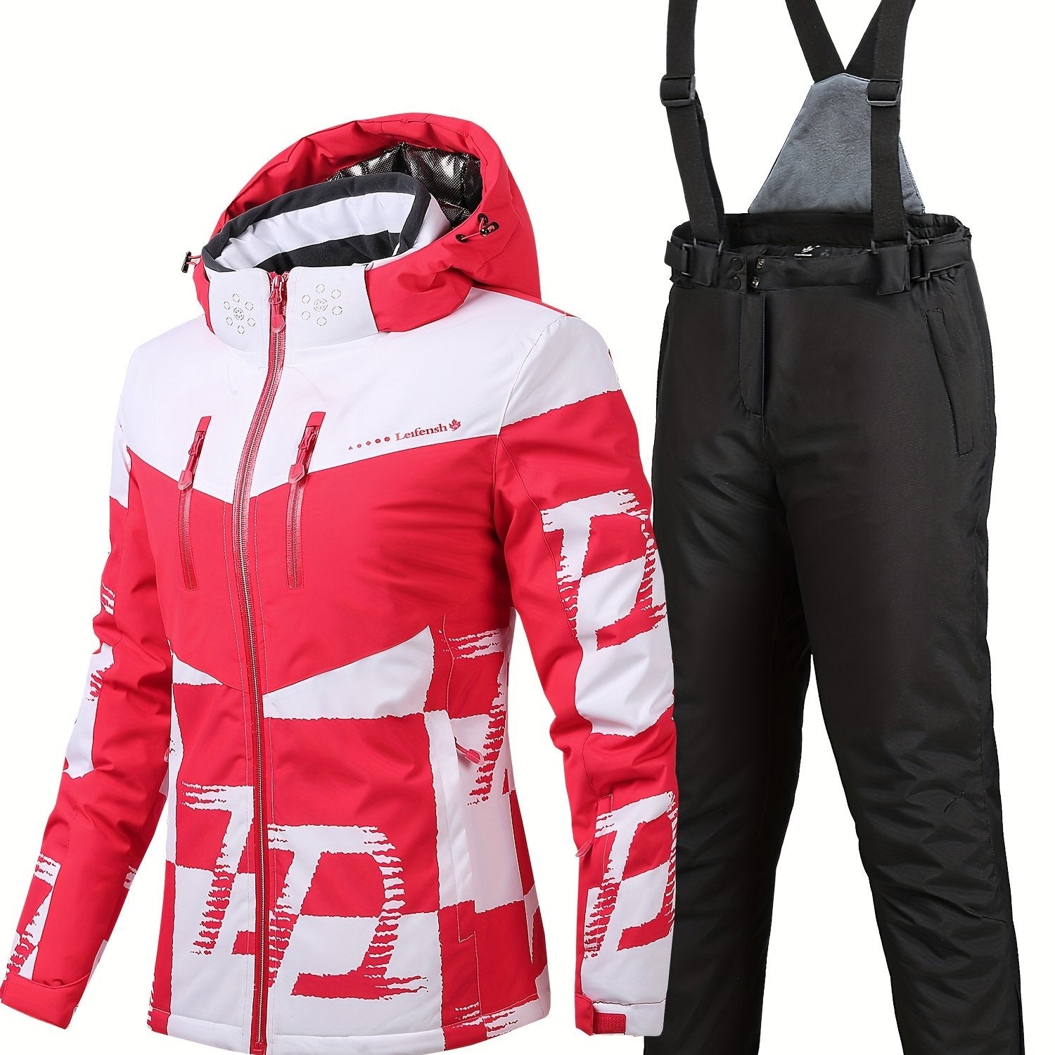 2Pcs Ski Set Full Zip Long Sleeve Jacket & Windproof Trouser Ski Suit