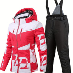 2Pcs Ski Set Full Zip Long Sleeve Jacket & Windproof Trouser Ski Suit