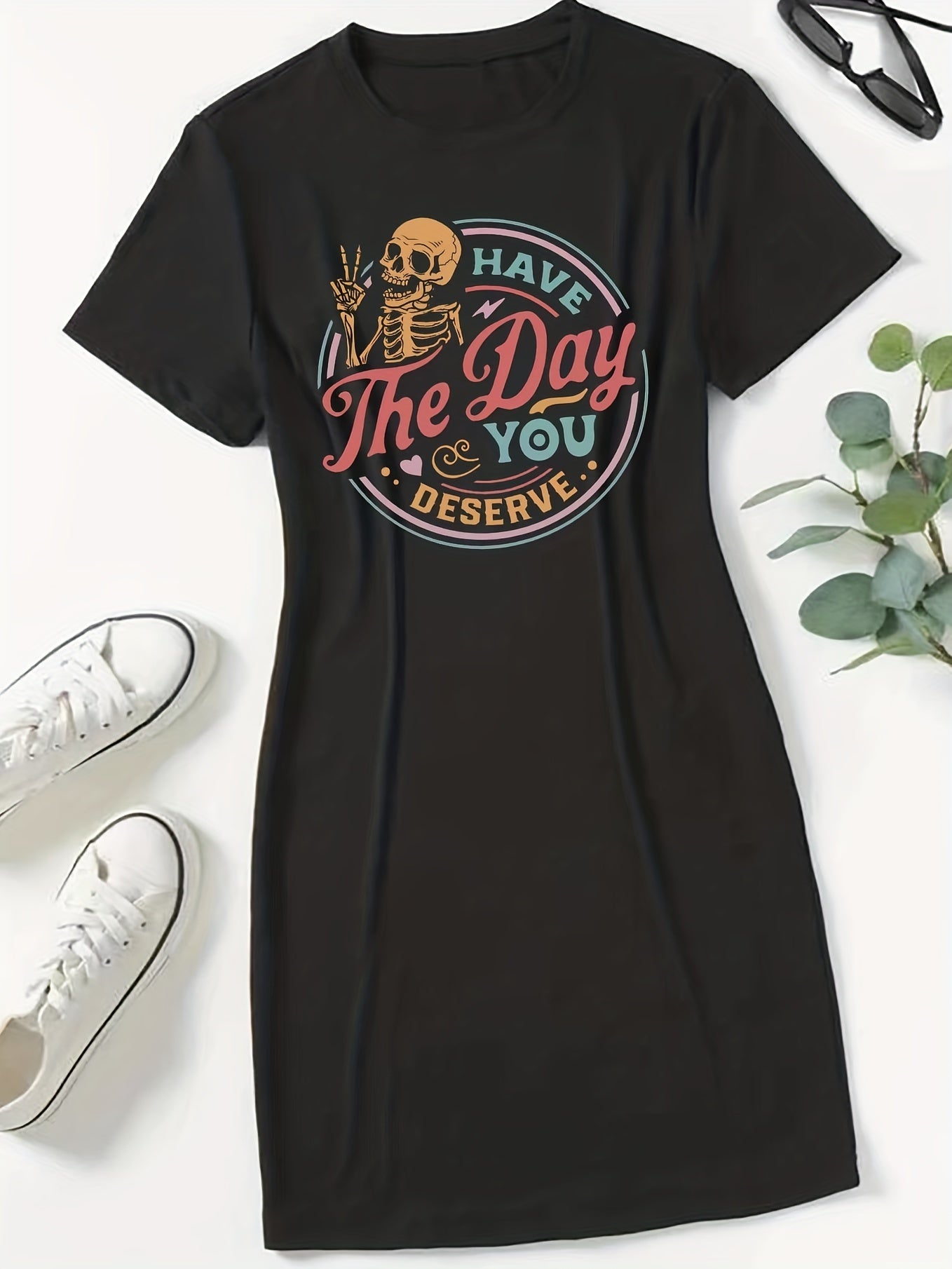 Funny Skull & Letter Print Plus Size Halloween Tee Dress