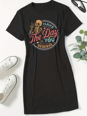 Funny Skull & Letter Print Plus Size Halloween Tee Dress