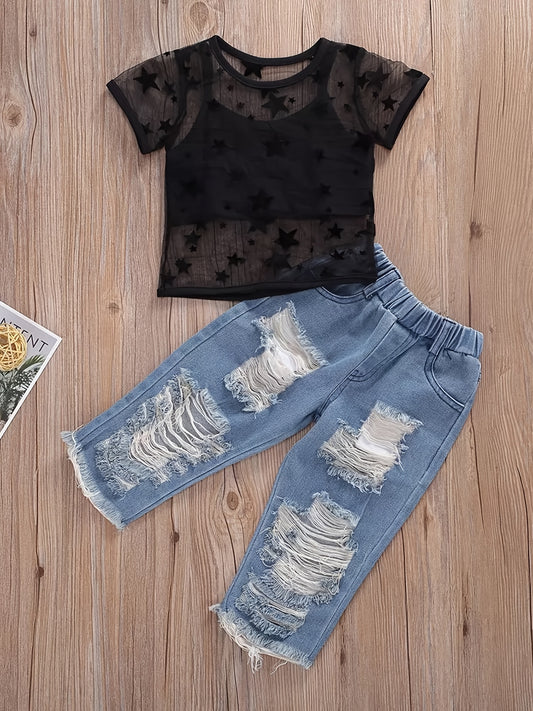 Girls Cami Top & Star Print T-shirt & Jeans Set