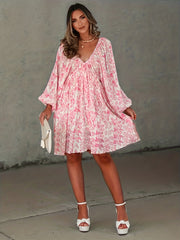  Floral Print Lantern Sleeve V Neck Backless Dress