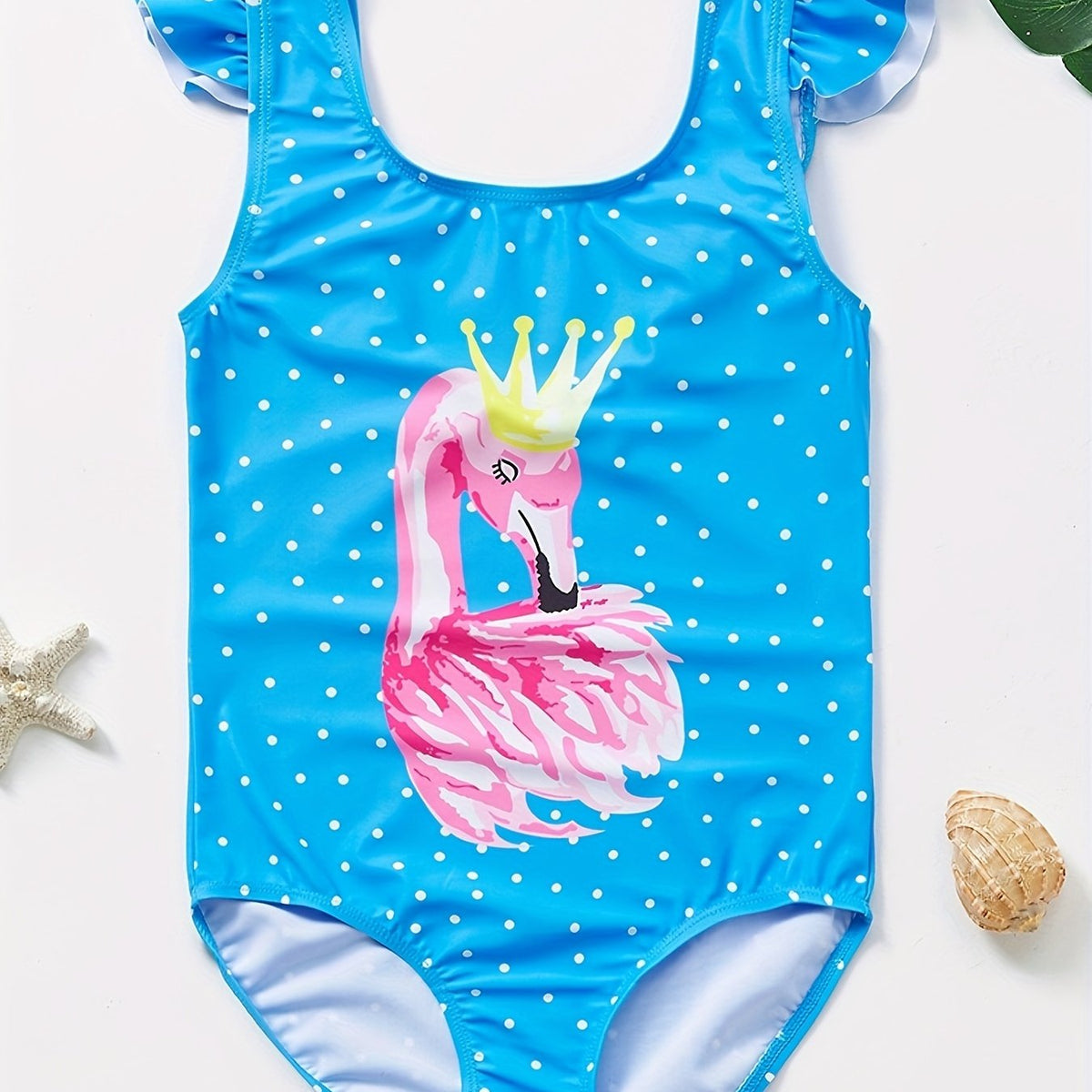 Girls Flamingo Graphic 1pc Swimwear Ruffle Trim Dot Print
