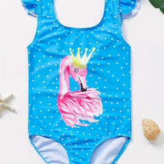 Girls Flamingo Graphic 1pc Swimwear Ruffle Trim Dot Print