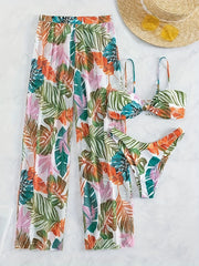 Leaf Print Spaghetti Strap 3 Piece Swimsuit & Cover Up Pants