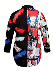  Pop Art Print Long Sleeve Button Up Shirt Top