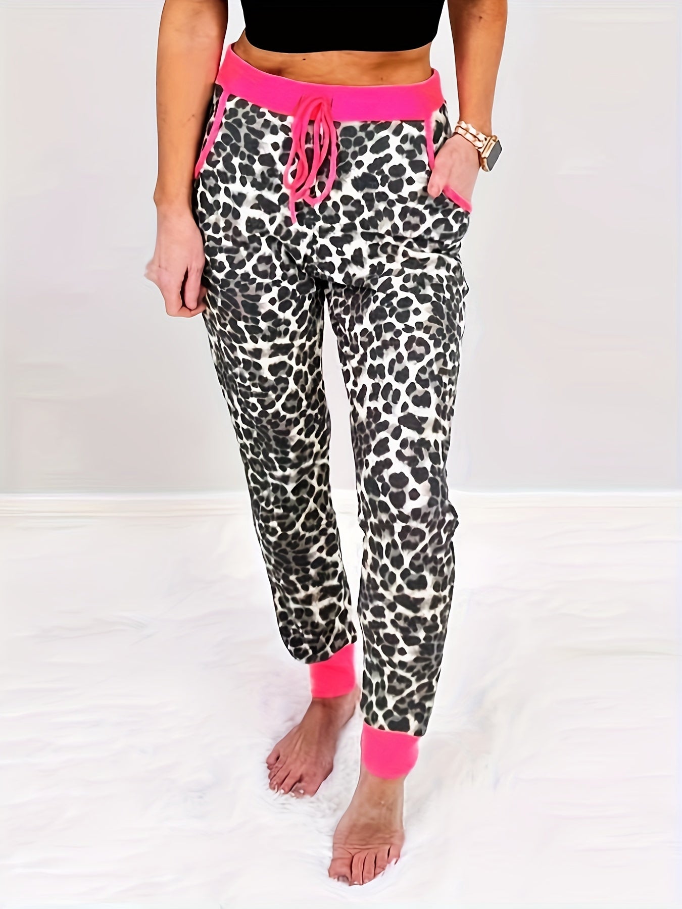  Leopard Print Tie Waist Joggers