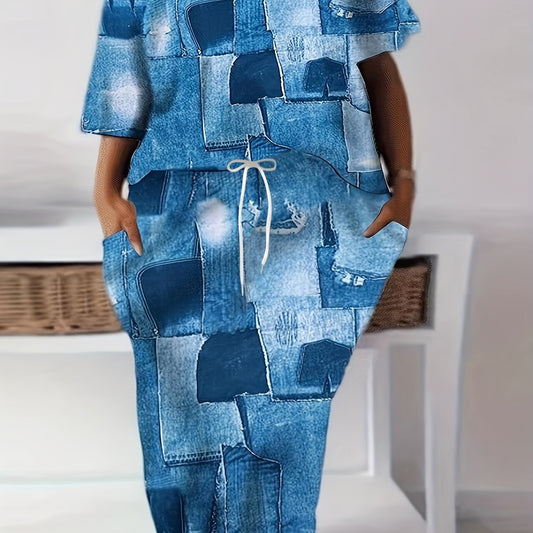 Plus Denim Print One Shoulder Tee & Maxi Skirt Set