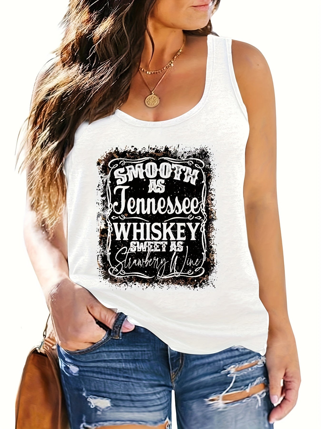  Casual Tank Top Women's Plus Slogan Print Round Neck Tank Top