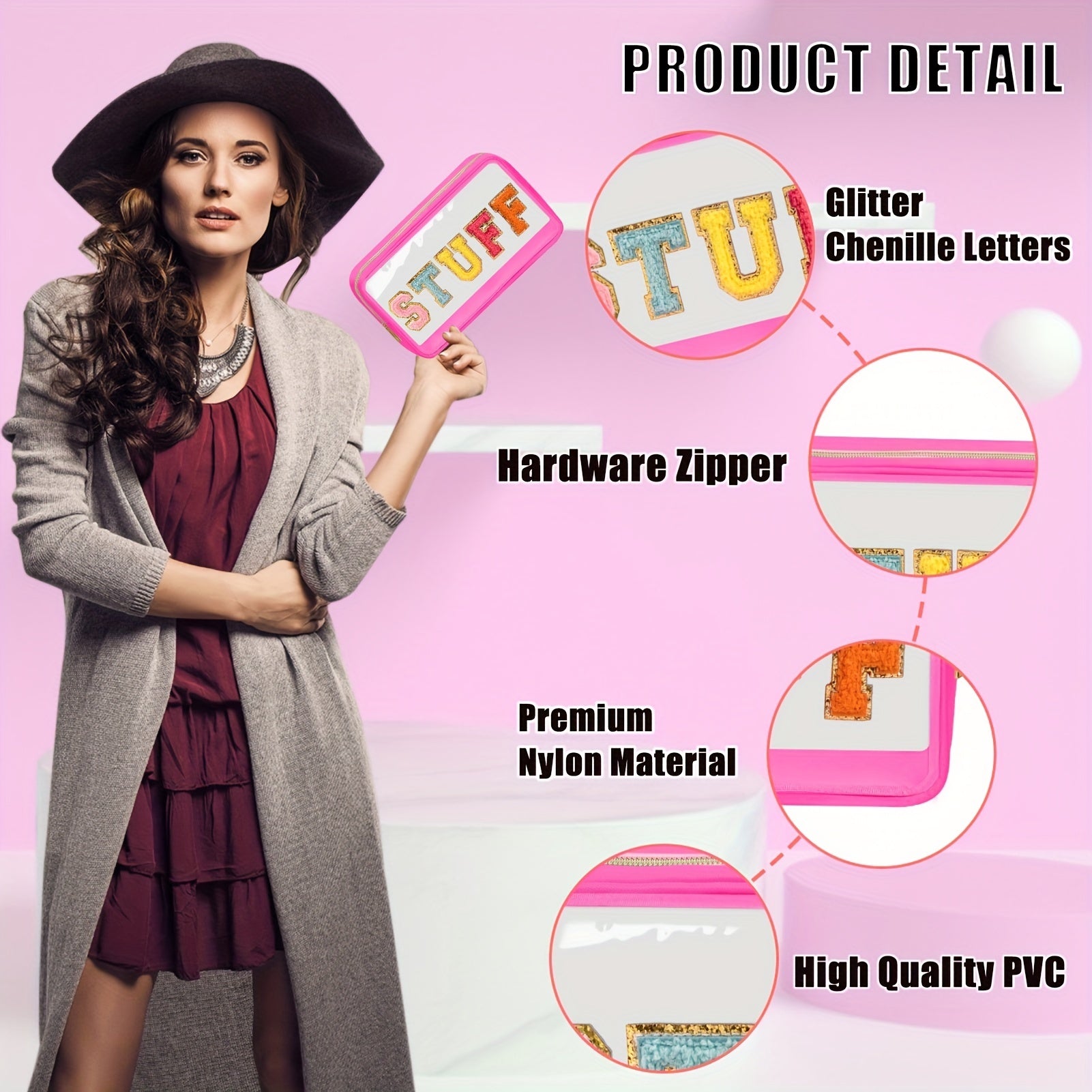 Chenille Letter Clear Makeup Bags Preppy Patch with Zipper