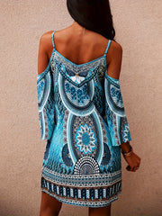 Ethnic Floral Cold Shoulder Dress Boho Summer Mini Cami Dress