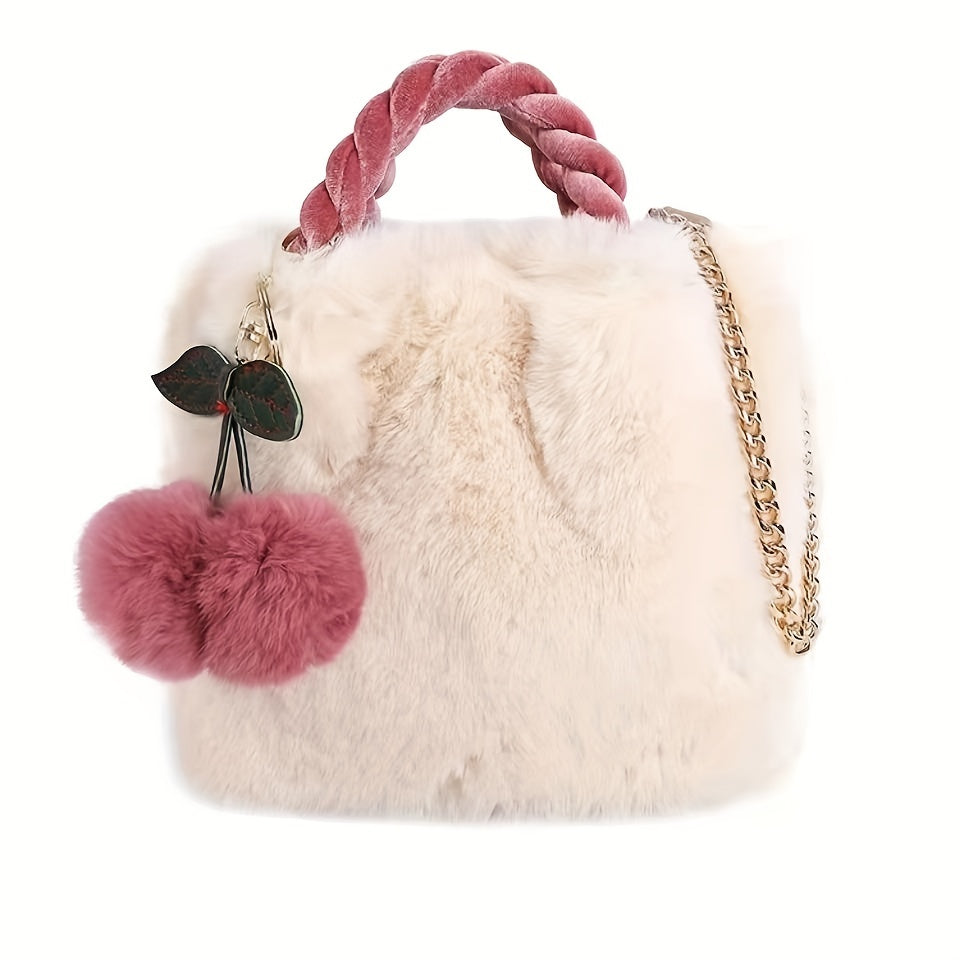 Winter Plush Girl Cherry Fur Bag Chain Diagonal Bucket Bag