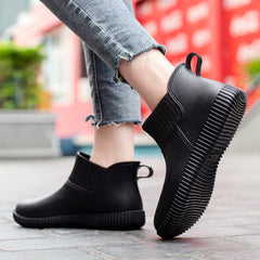 Women's Non slip Solid Flat Rain Boots Waterproof Slip On Rubber Shoes