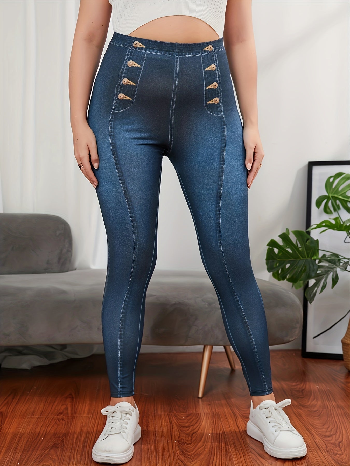Denim Print Slim Pants High Waist Long Length Women's Clothing