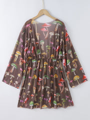 Mushroom Print Kimono Drawstring Long Sleeve Cover Up Shirt