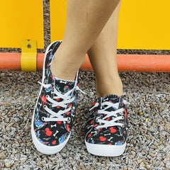 Women's Skull Printed Canvas Shoes Low Round Toe Lace Up Lightweight Comfy Shoes