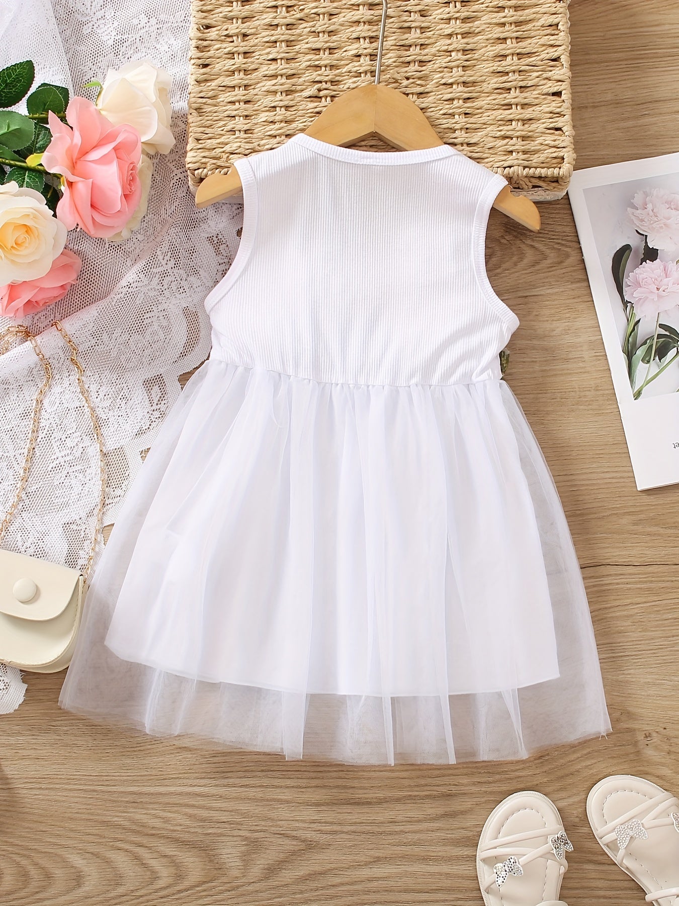 Girls Flower Decor Sleeveless Mesh Princess Dress Summer Kids Clothes