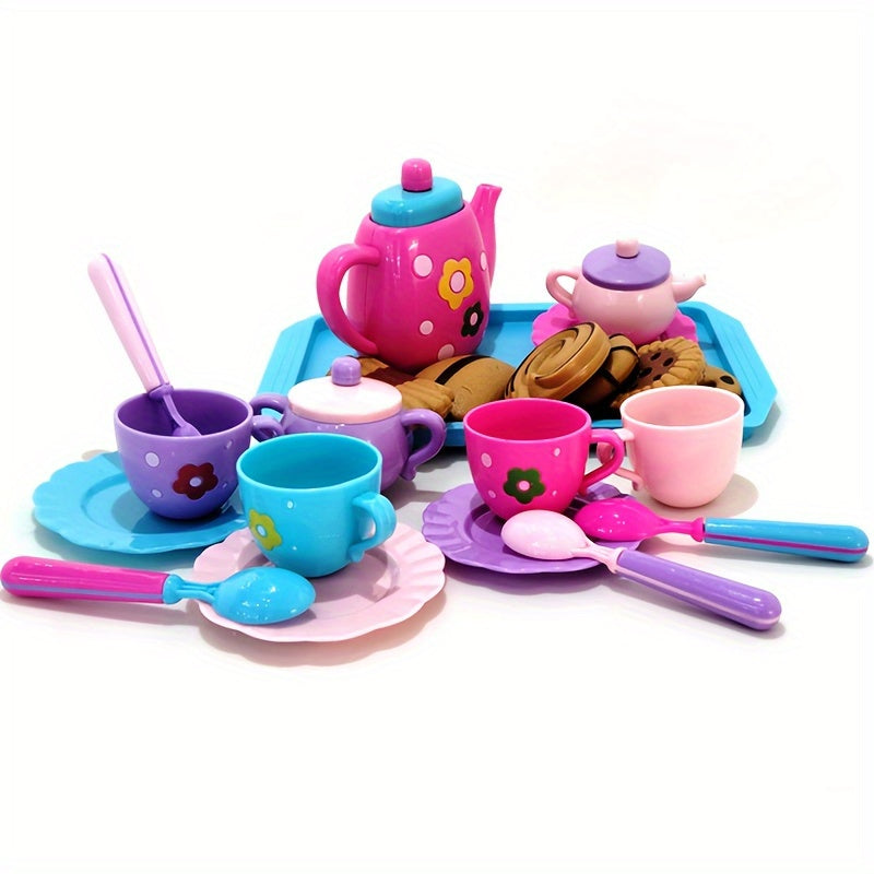 Kids Pretend Play Tea Set with Tray & Cookies Pink & Floral Plastic