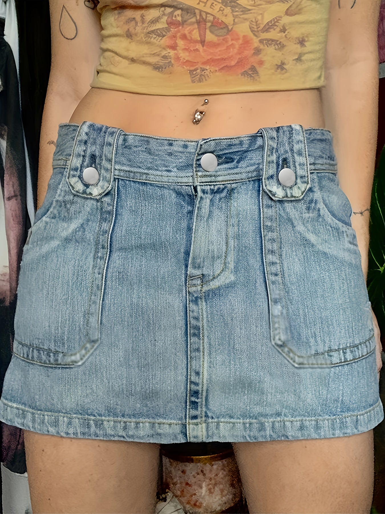 Slim Fit Denim Skirt Slash Pockets Street Style