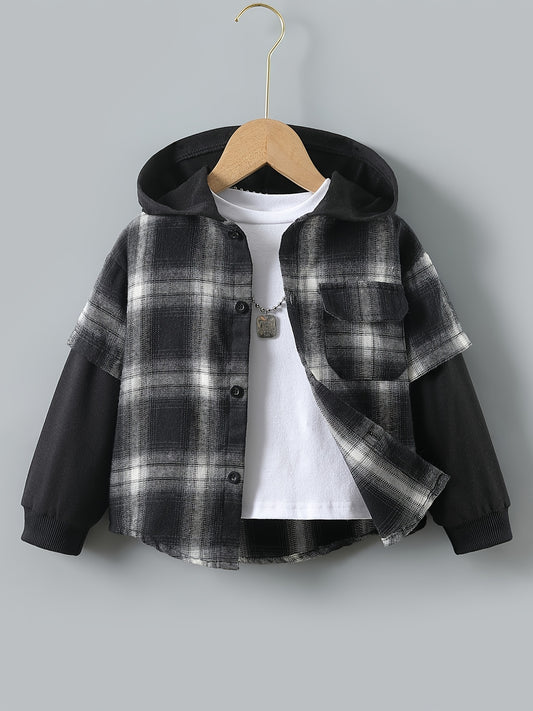 Boys Plaid Hoodie Button Long Sleeve Patchwork Jacket Top
