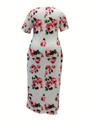 Floral Print Round Neck Short Sleeve Maxi Dress With Pockets