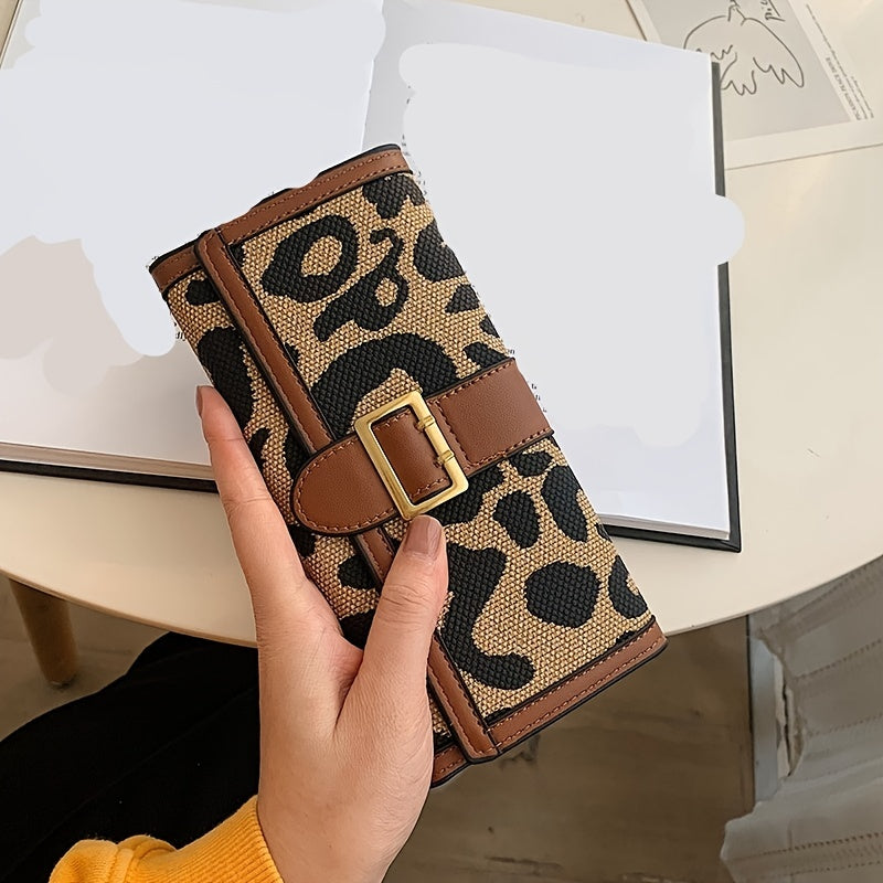 Leopard Pattern Long Purse Trifold Clutch Vintage Buckle Wallet