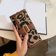 Leopard Pattern Long Purse Trifold Clutch Vintage Buckle Wallet