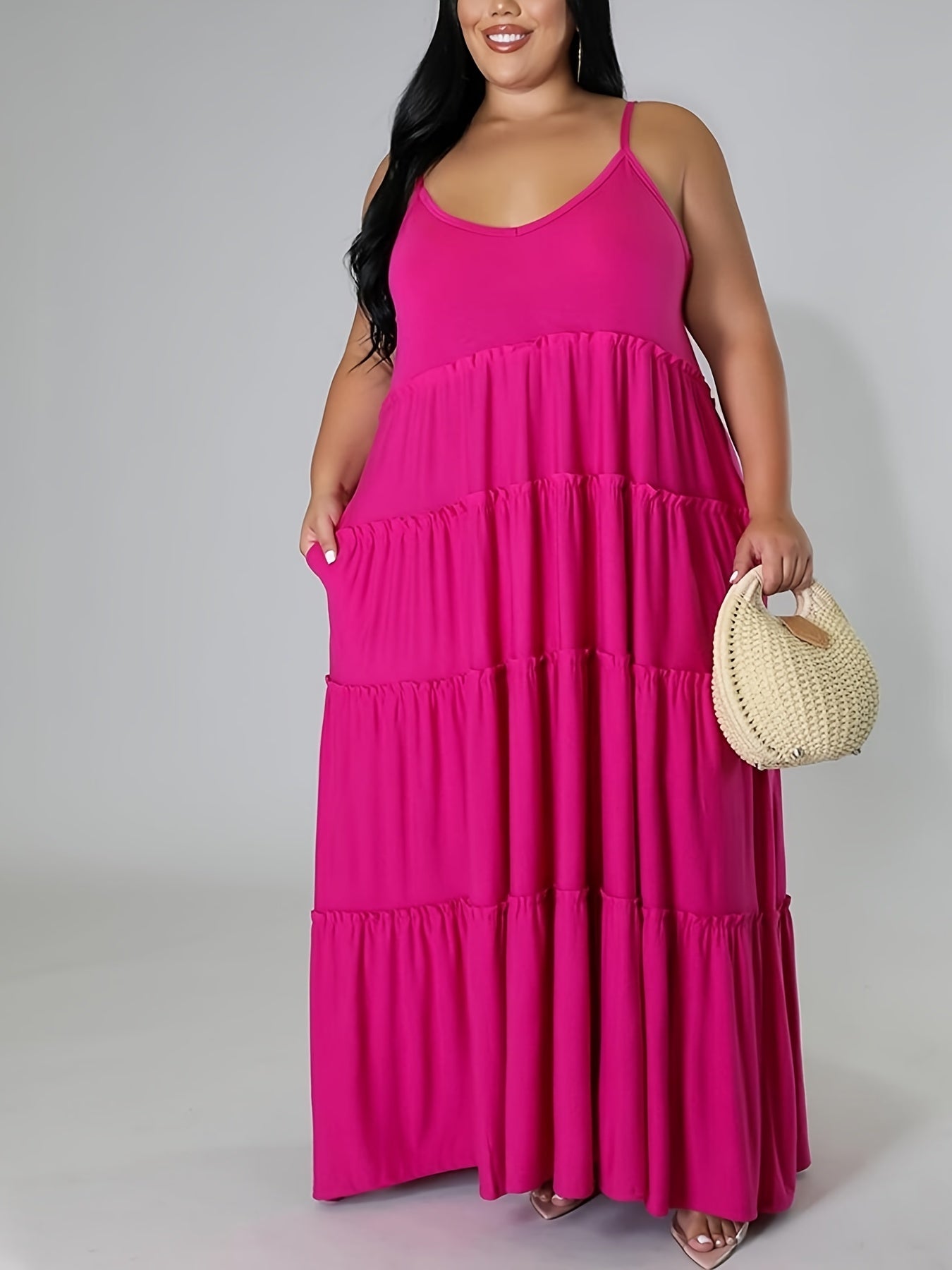  Solid Layered Loose Fit Cami Maxi Dress