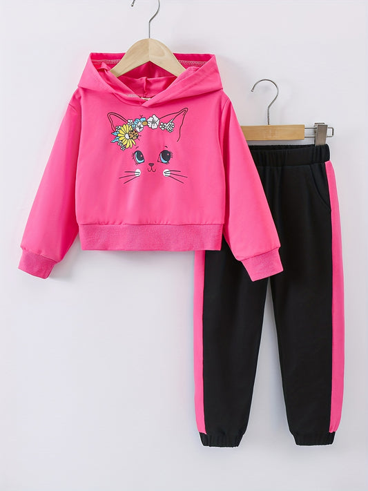 Cartoon Cat Pattern Girl's 2pcs Hoodie & Sweatpants Set