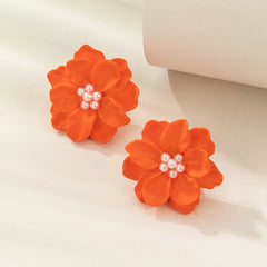 Orange Camellia Flower Stud Earrings For Women Girls 1Pair