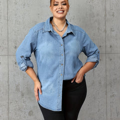  Preppy Denim Top Women's Button Up Roll Sleeve Turn Collar Blouse