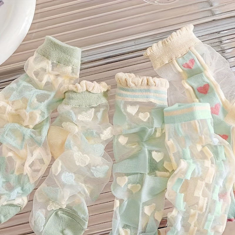 5 Pairs Floral & Heart Print Mesh Socks Women's Stockings & Hosiery
