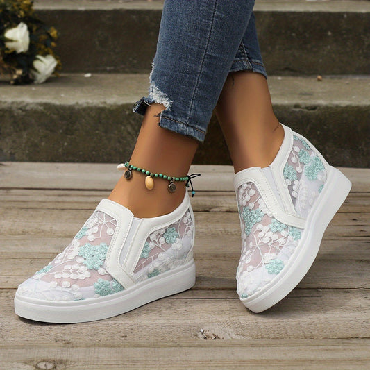 Women's Mesh Wedge Sneakers Floral Embroidered Low Top Slip On Shoes