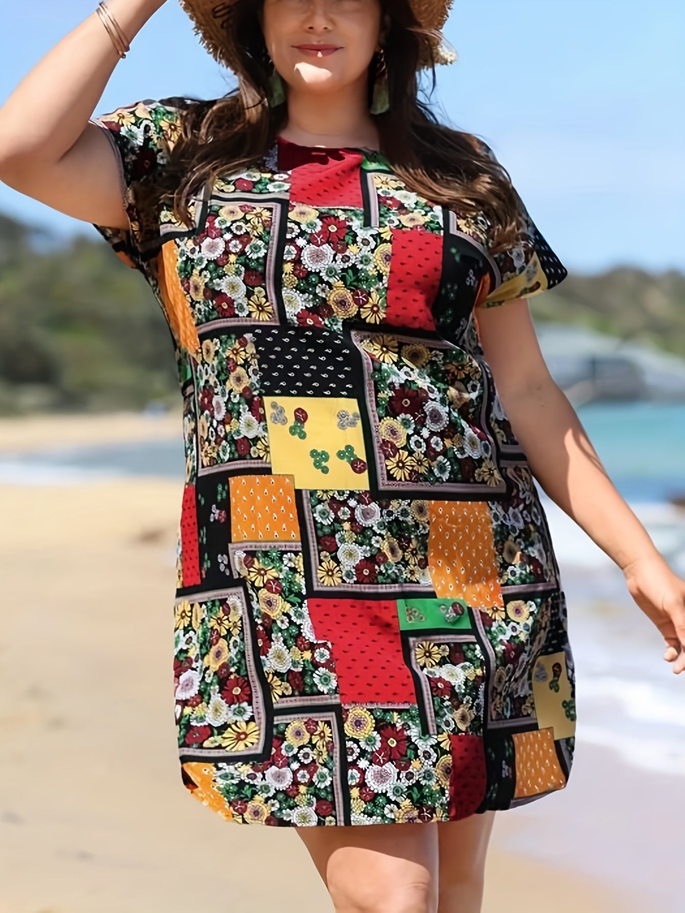 Plus Size Boho Dress Women's Plus Scarf & Floral Print Short Sleeve Dress