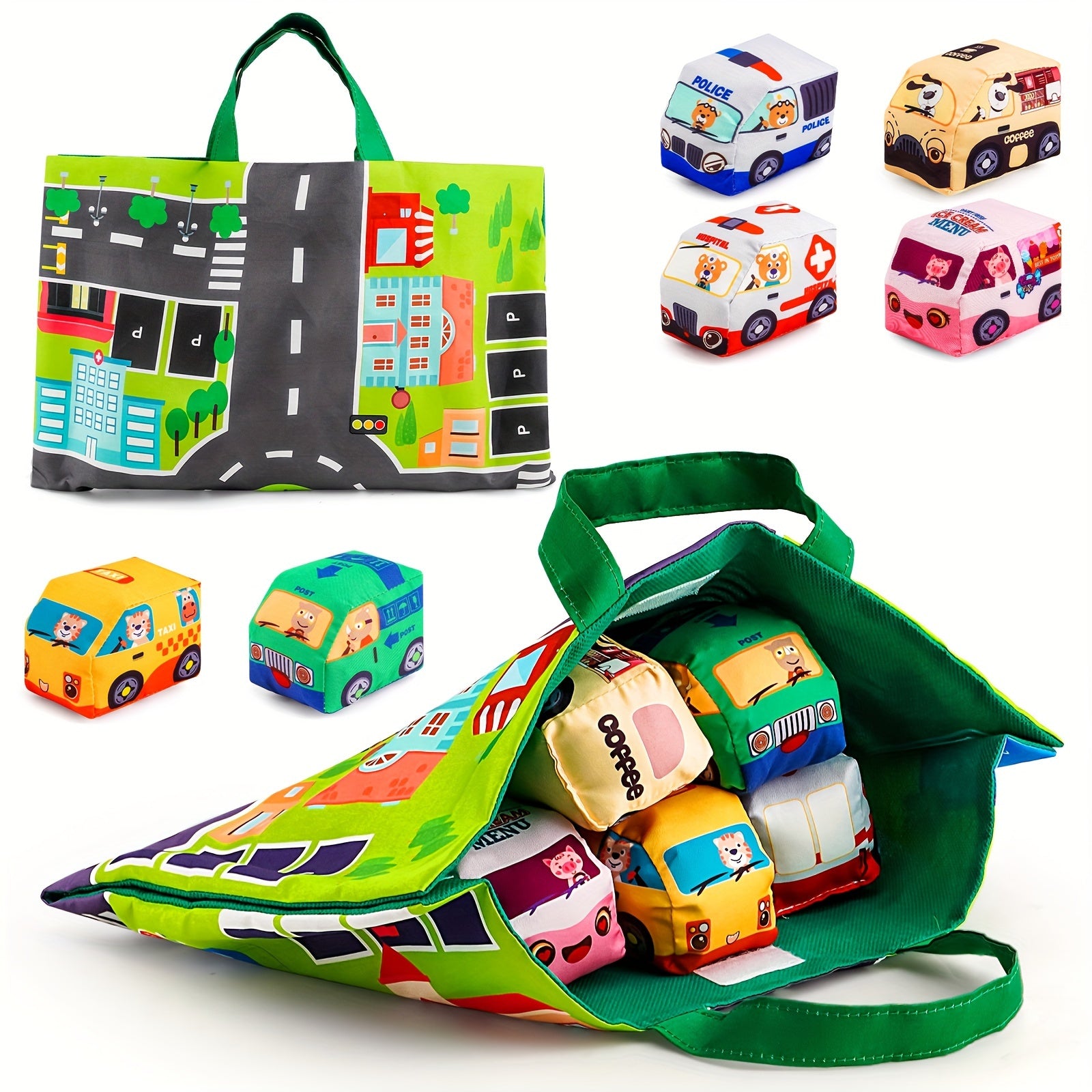 6 Soft Car Toys with Game Mat Storage Bag