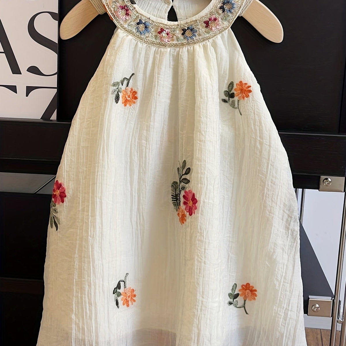 Floral Embroidered Linen Halter Dress For Girls