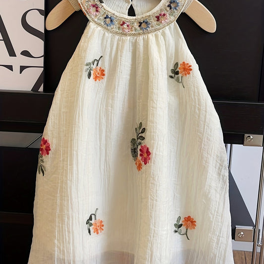 Floral Embroidered Linen Halter Dress For Girls