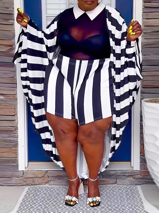  Stripe Print Bat Sleeve Cardigan & Shorts Outfit