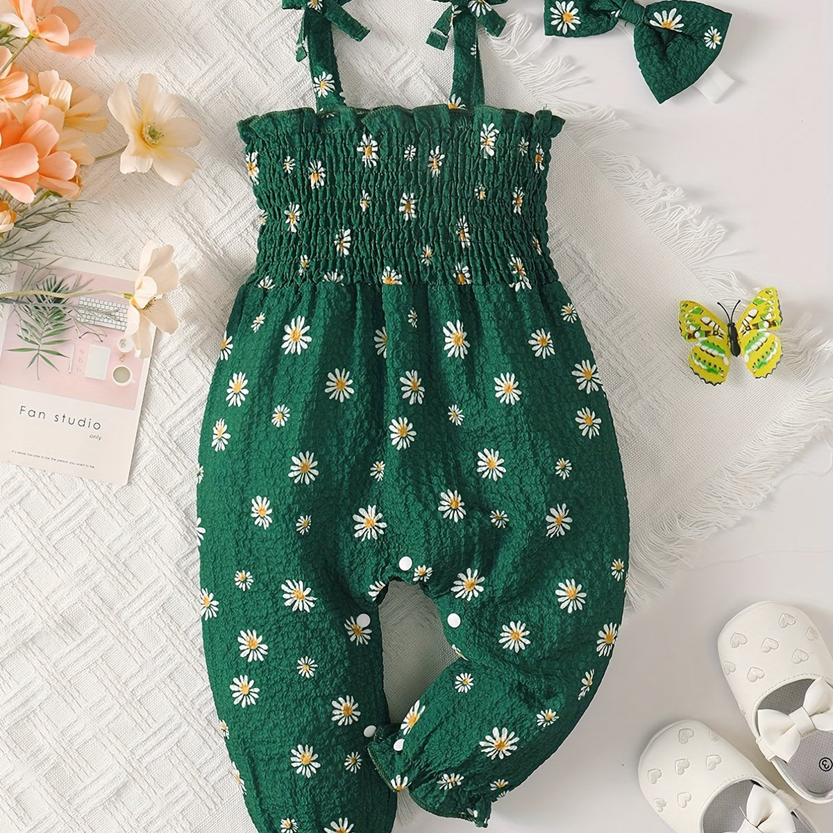 Baby Girls Off Shoulder Sleeveless Bib Pants Jumpsuit Headband Floral Printed