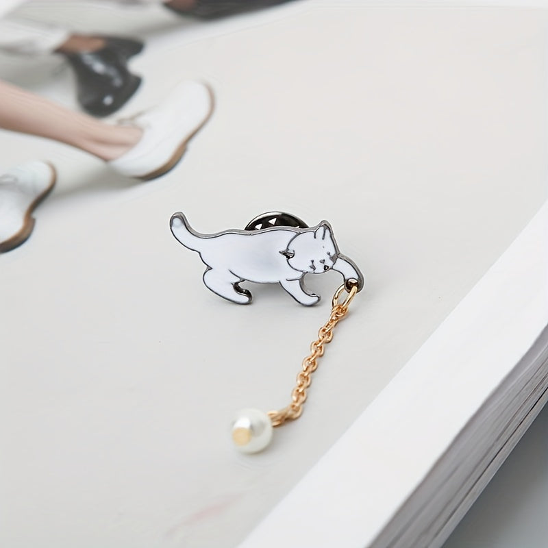 Cute Kitten Pearl Tassel Brooch for Jackets and Hats