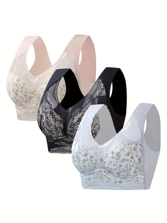 Floral Lace Sports Bra Wirefree Comfortable Fitness Yoga Bra Women's Activewear